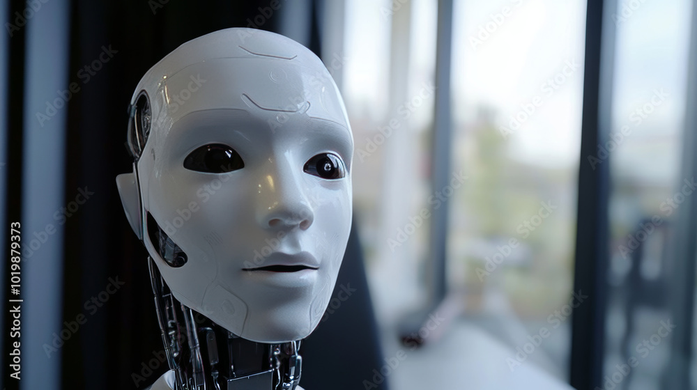 Poster an ai chatbot, represented by a robot head, appears on a phone screen. the chatbot interacts with a 