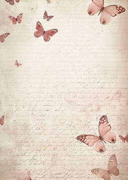 Vintage handwriting background with flowers and butterflies