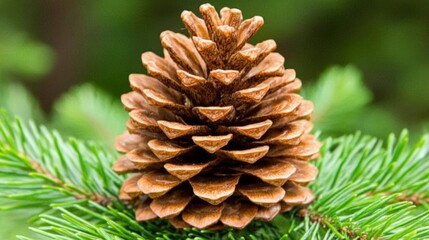 A close-up of a brown pine cone on a green pine branch.