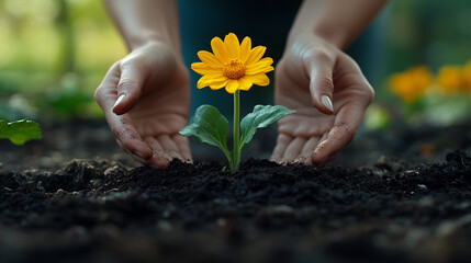 hands gently planting a vibrant yellow flower into the soil, symbolizing growth, renewal, and the nurturing spirit of nature. The soft earth cradles the delicate roots, promoting life