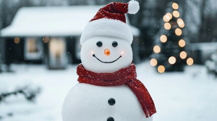 Snowman in front yard with Christmas lights 