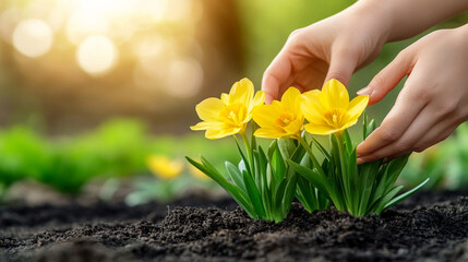 hands gently planting a vibrant yellow flower into the soil, symbolizing growth, renewal, and the nurturing spirit of nature. The soft earth cradles the delicate roots, promoting life