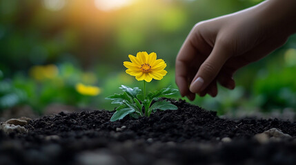 hands gently planting a vibrant yellow flower into the soil, symbolizing growth, renewal, and the nurturing spirit of nature. The soft earth cradles the delicate roots, promoting life