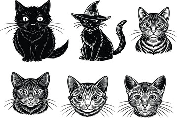 Obraz premium black and white cats set vector illustration.