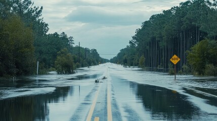 A highway completely submerged by hurricane floodwaters, with road signs barely visible above the water.