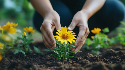 hands gently planting a vibrant yellow flower into the soil, symbolizing growth, renewal, and the nurturing spirit of nature. The soft earth cradles the delicate roots, promoting life
