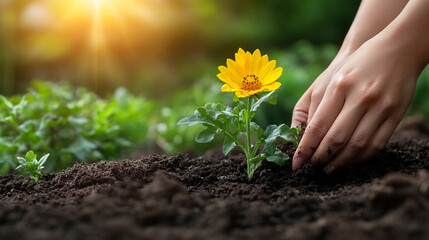 hands gently planting a vibrant yellow flower into the soil, symbolizing growth, renewal, and the nurturing spirit of nature. The soft earth cradles the delicate roots, promoting life