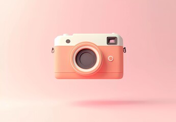 A cute, orange and white retro camera floating in the air on a pink background, in a simple, minimalistic style.