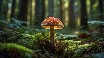 "Mushroom and Insect in Sunlit Forest: Intricate Nature Photography"