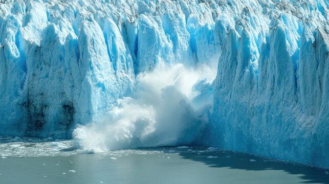 A massive iceberg breaking off a glacier, signifying the rapid melting of polar ice.
