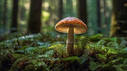 "Mushroom and Insect in Sunlit Forest: Intricate Nature Photography"