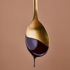 Drop of chocolate syrup hanging from the tip of a metal spoon