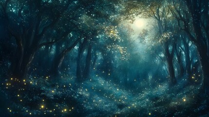 Fototapeta premium Enchanting Glowing Forest Path in Mysterious Moonlit Landscape
