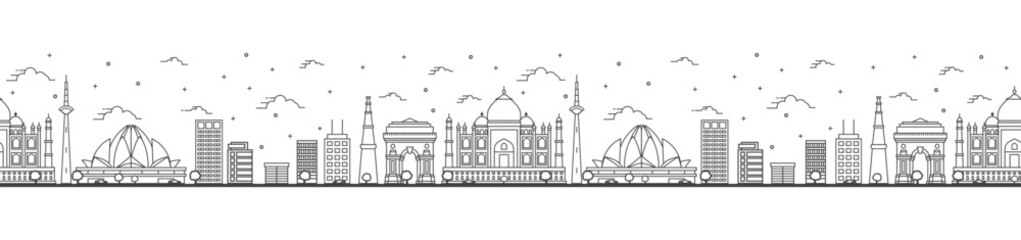 Seamless pattern with outline Delhi India City Skyline with Historic Buildings Isolated on White. Delhi Cityscape with Landmarks.