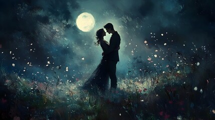 Romantic Couple Silhouetted Under Moonlight in Mystical Meadow
