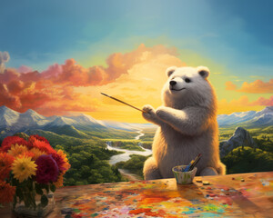 An art class where cartoon animals paint their dreams, a canvas of possibilities under a rainbow-filled sky