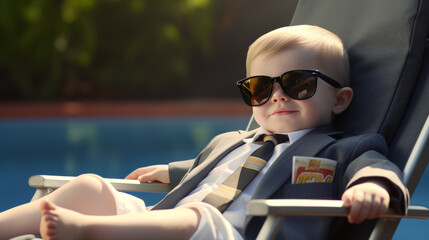 A business child lounging in a business suit and sunglasses by a shimmering pool