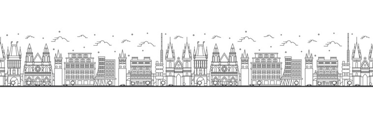 Fototapeta premium Seamless pattern with outline Prague Czech Republic City Skyline with Historic Buildings Isolated on White. Prague Cityscape with Landmarks.