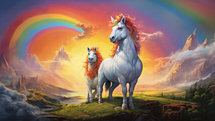 Two graceful unicorns stand before a vibrant rainbow in a breathtaking fantasy landscape bathed in the warm glow of sunset.