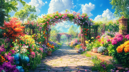 fairytale garden adorned with colorful floral arches, inviting viewers into a whimsical realm filled with nature's beauty and enchantment, evoking feelings of joy and tranquility