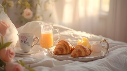 Cozy morning breakfast in bed with croissants and orange juice