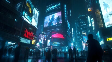 Captivating Neon Lit Cityscape at Night   Bustling Metropolis with Skyscrapers Illuminated Billboards and Dynamic Atmosphere