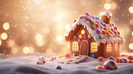 Christmas Gingerbread House, Adorned with Colorful Candies and a Soft Layer of Snow. Image made using Generative AI.