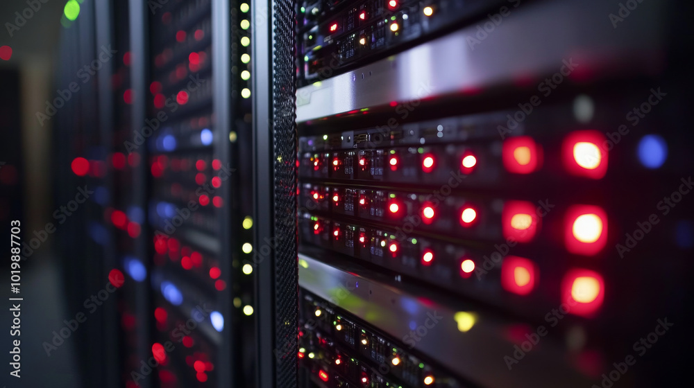 Poster a server rack with bright lights represents a data center or digital storage facility. this symboliz