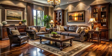 Create a warm living room using elegant dark wood furniture that exudes cozy ambiance while incorporating stylish accents for a refined and inviting space.