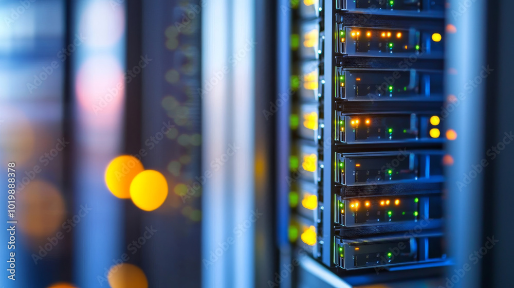 Poster a server rack with bright lights represents a data center or digital storage facility. this symboliz
