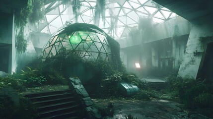 Obraz premium Abandoned Futuristic Greenhouse Dome Overgrown with Nature in Eerie Dystopian Setting