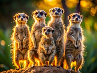 Fototapeta premium Playful Group of Meerkats Standing Together in the Wild, Observing Their Surroundings with Curiosity
