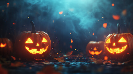 Fototapeta premium Spooky Halloween scene featuring glowing jack-o'-lanterns surrounded by autumn leaves and atmospheric mist.