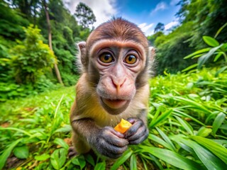Fototapeta premium Playful monkey enjoying a tasty snack in a lush green environment with a curious expression