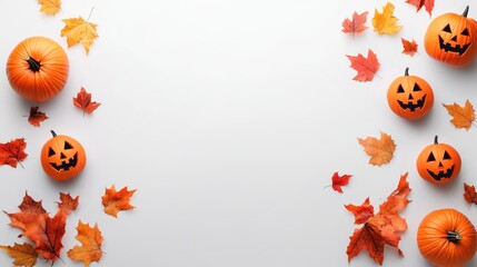 Fototapeta premium Halloween pumpkins and autumn leaves on white background