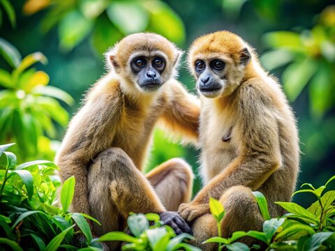 Playful Northern Muriqui Monkeys Interacting in Their Natural Habitat Amongst Lush Greenery