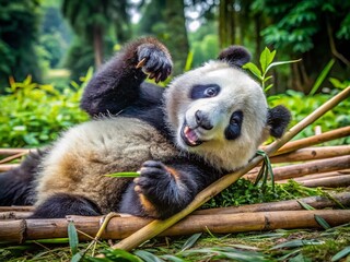 Obraz premium Playful Panda Rolling on the Ground in a Natural Habitat Surrounded by Greenery and Bamboo Stalks