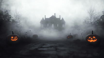 Spooky Halloween scene with a haunted house in the distance, surrounded by fog and jack-o-lanterns.