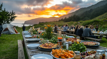 cozy dinner set against a stunning bright sky during a glamping experience. Soft lighting illuminates the table, creating a magical atmosphere that symbolizes connection with nature and serenity