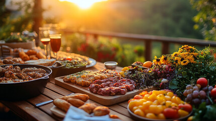 cozy dinner set against a stunning bright sky during a glamping experience. Soft lighting illuminates the table, creating a magical atmosphere that symbolizes connection with nature and serenity
