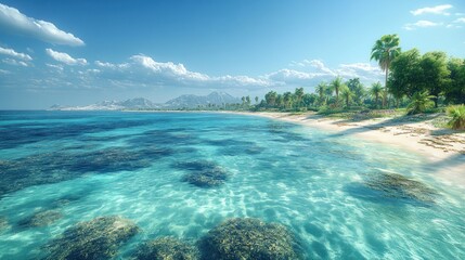 Obraz premium Serene tropical beach with clear waters and lush palm trees.