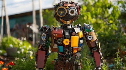 Fototapeta premium Whimsical Recycled Golem Guardian Protects Community Garden with Childlike Wonder