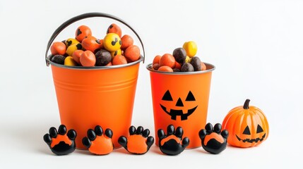 Halloween themed decorations with cat paws and candy pail on white background