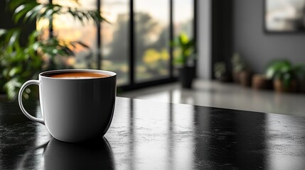 A cozy cup of coffee on a table with a serene background.