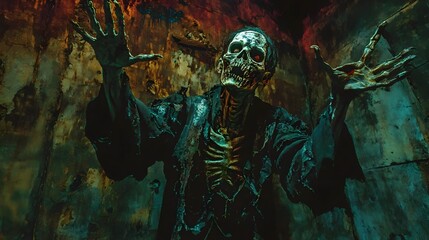 Enterprising Ghoul Celebrates Supernatural Achievement in Abandoned Crypt at Night