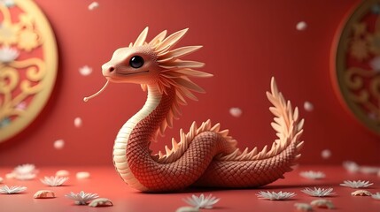 Fototapeta premium Adorable festive snake with floral motifs symbol of 2025 Chinese new year background