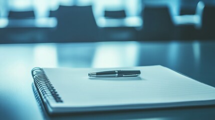 Pen and Notebook on Desk with Meeting Room Chairs in Background