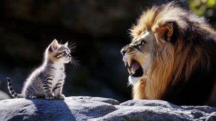 Face to face between a kitten and a roaring lion, concept of contrast