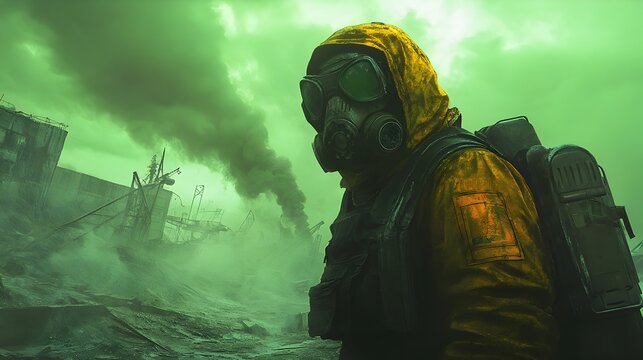 Scavenger Navigating Desolate Radioactive Environment with Weathered Protective Gear and Salvaged Tech Pack