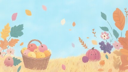 Fototapeta premium Illustration of a fall harvest scene with a basket of smiling apples, a pumpkin, grapes, and autumn leaves. Seasonal design for autumn and Thanksgiving themes.